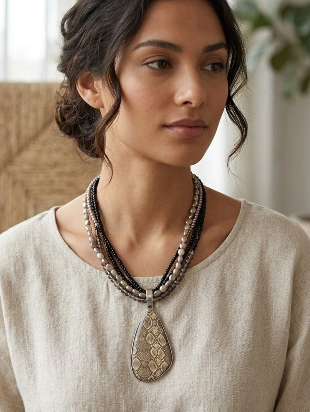 Snake Print Teardrop Multi-Strand Convertable Statement Necklace Neutral Boho